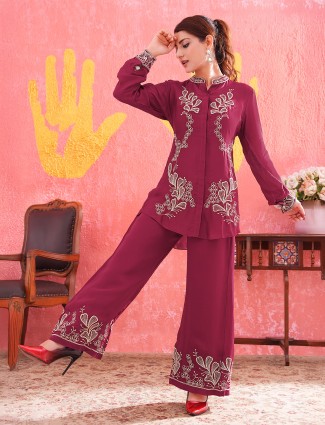 Wine silk palazzo suit with stand collar design