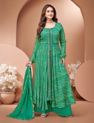 Green silk palazzo suit with cutdana detailing