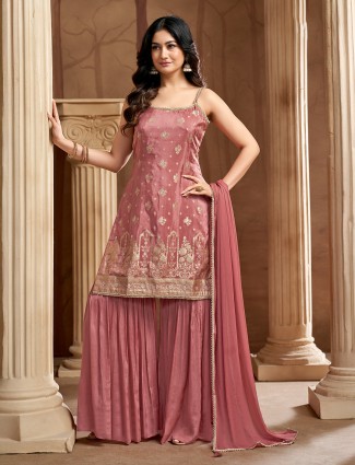 Peach silk sharara suit with diamond detailing