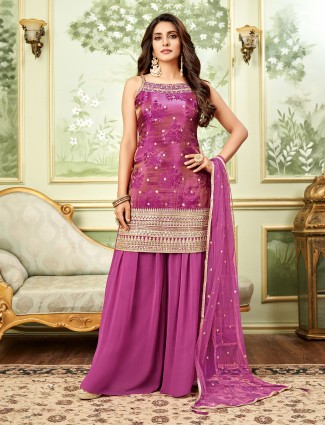 Purple silk palazzo suit with resham work
