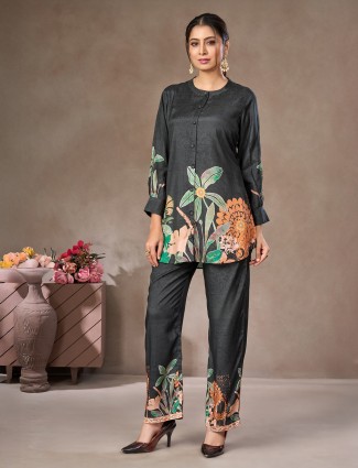 Charcoal black floral crepe silk co ord set