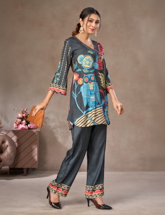 Charcoal grey printed silk co ord set