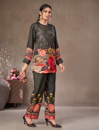 Dark grey floral crepe silk co ord set