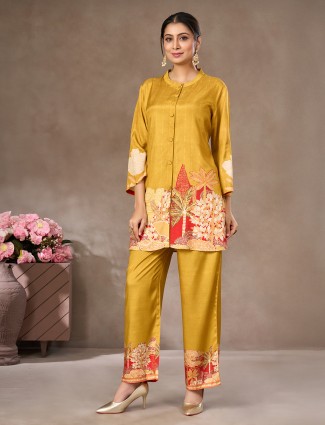 Mustard yellow crepe silk printed co ord set