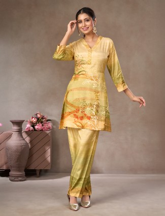 Olive beige floral crepe silk co ord set