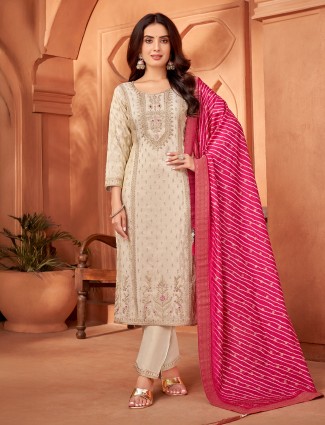 Beige silk diamond embellished salwar suit