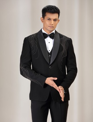 Black terry rayon coat suit embellished