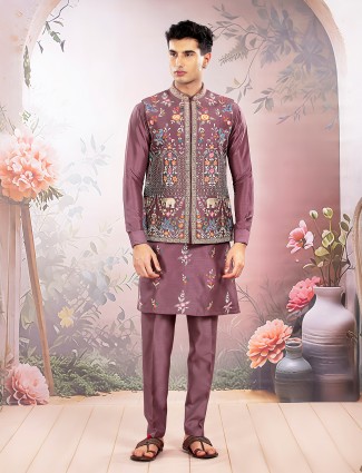 Coffee brown textured silk waistcoat set