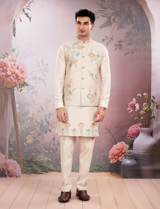 Cream printed silk sequined waistcoat set