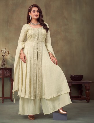 Cream georgette silk embroidered palazzo set