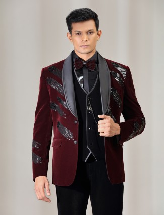 Maroon velvet coat suit for reception