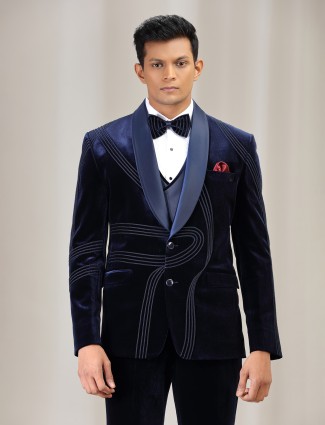 Navy velvet reception coat suit set