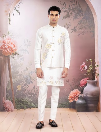 White silk printed wedding waistcoat set