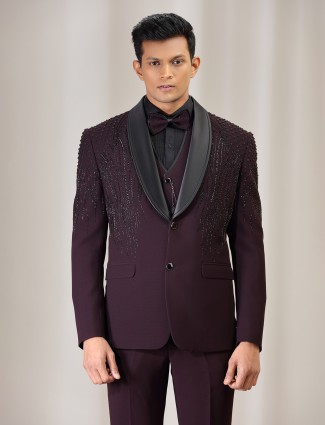 Wine terry rayon coat suit embellished