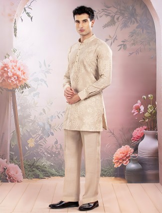 Beige linen kurta suit with thread and sequins work for men