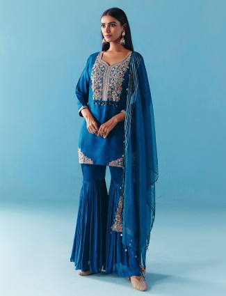Blue silk pakistani sharara suit with dupatta for women