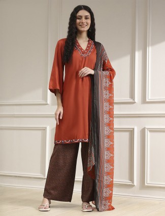 Dark orange silk printed kurti set for festivals