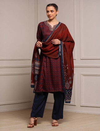 Navy and maroon cotton silk festive kurti set