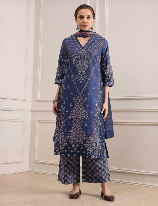 Navy printed cotton kurti set with matching dupatta