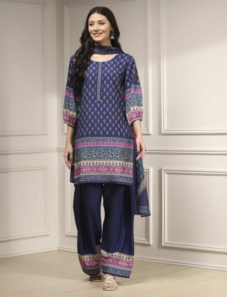 Navy printed cotton silk kurti set with stylish dupatta