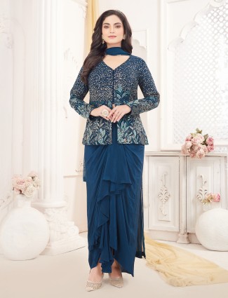 Peacock blue satin silk indowestern suit for women