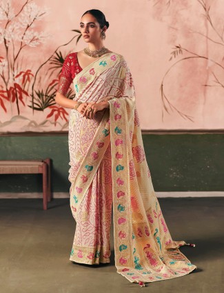 Elegant off-white bandhej georgette saree with golden zari