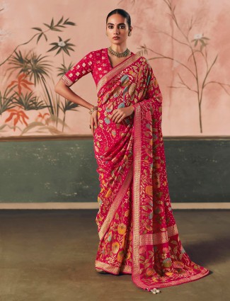 Rani pink bandhej zari georgette saree with tussled pallu