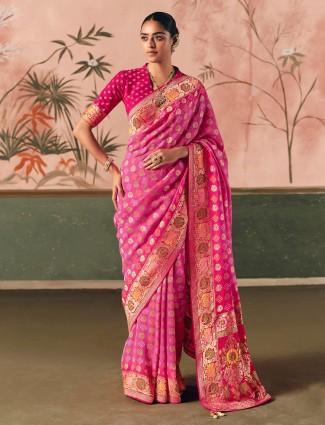 Regal rani pink bandhej saree with golden zari patterns
