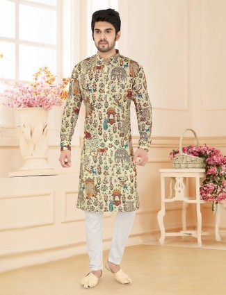 Cream linen kurta suit for festive gatherings