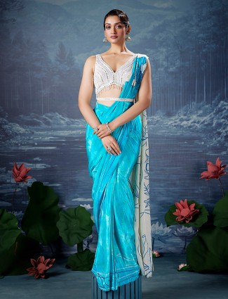 Aqua silk printed ready wear saree