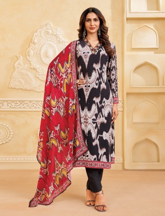 Black and white silk v neck printed salwar suit