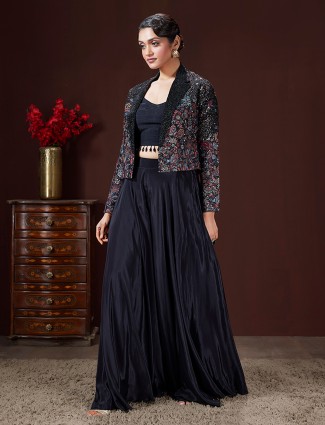 Black satin silk palazzo suit with jacket