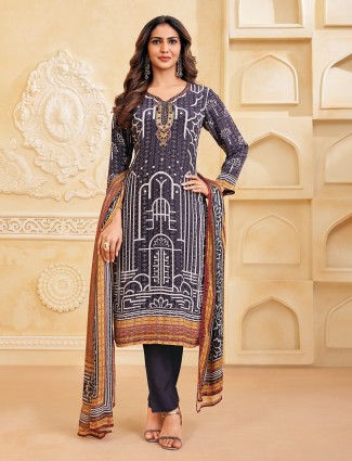 Charcoal black silk sequined quarter sleeve salwar suit