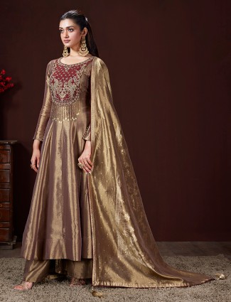 Copper gold silk anarkali suit with zari worked duaptta