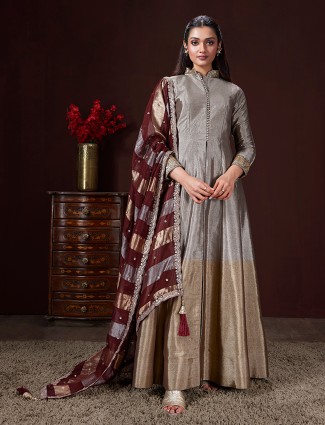 Grey and gold silk anarkali suit with maroon dupatta