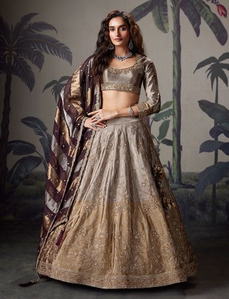Grey gold silk lehenga choli with dupatta