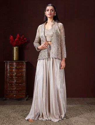 Grey silk indo-western suit with jacket