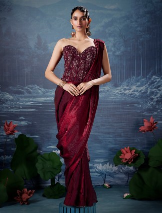 Maroon silk wedding ready wear saree