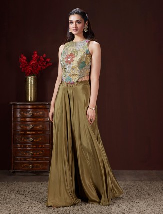 Olive printed crepe silk palazzo suit for festival