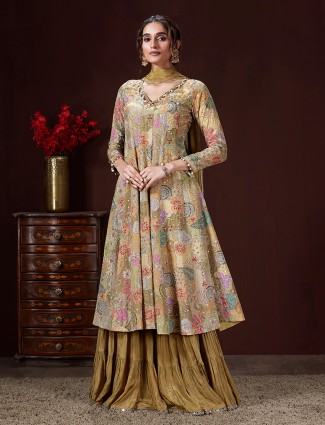 Olive printed silk palazzo suit with dupatta