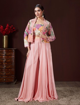 Peach printed satin silk palazzo suit with jacket