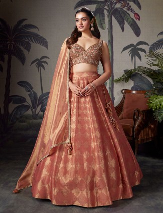 Peach silk wedding wear lehenga choli for women