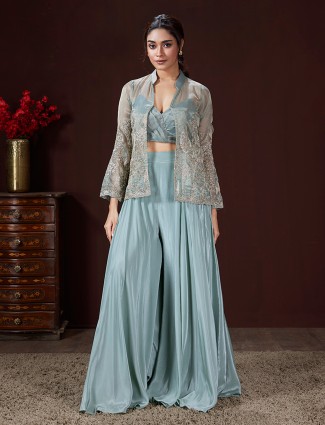 Stone blue jacket style silk palazzo suit