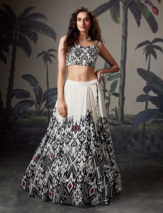 White printed silk lehenga choli for women