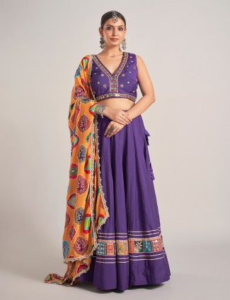 Purple silk V neck navratri chaniya choli