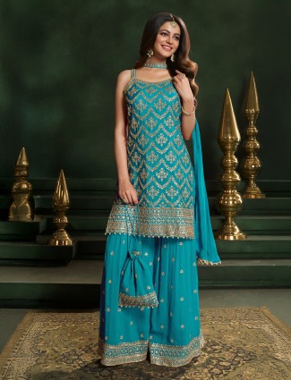 Aqua georgette sleeveless sharara kurti set
