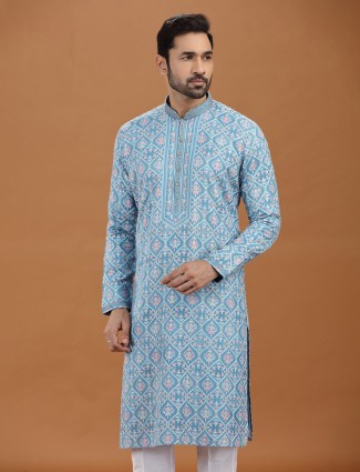 Blue viscose embroidered kurta suit attire