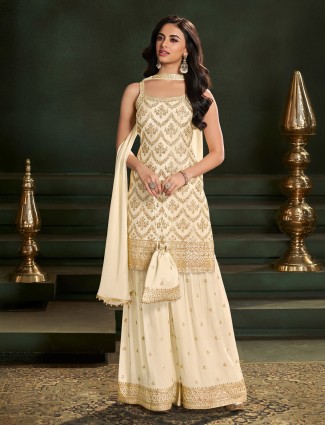 Cream georgette elegant sharara kurti set with dupatta