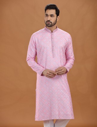 Festive pink viscose kurta suit for men