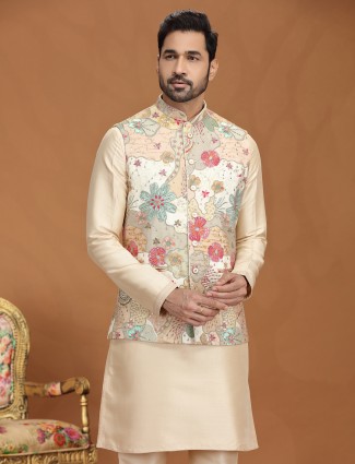 Gold viscose printed waistcoat set with sequins